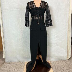 Self Portrait Black Lace Up Trimmed Split Front Sheer Lace Maxi Dress US 8
